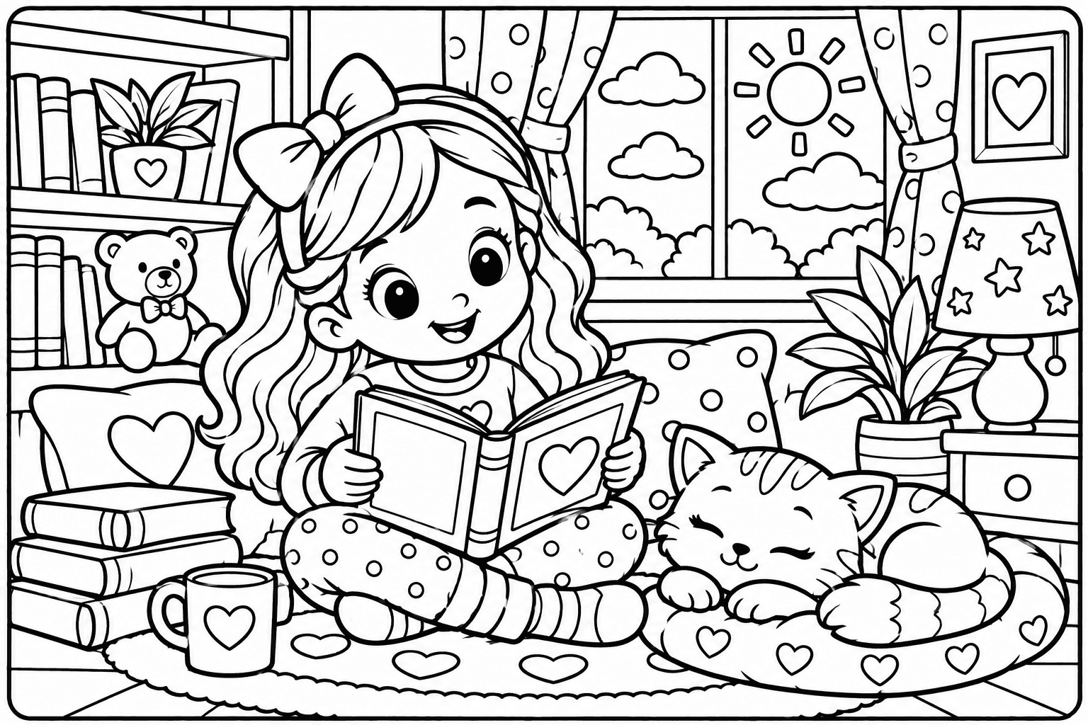 Existing WonderStudio coloring drawing of reading beside a sleeping cat