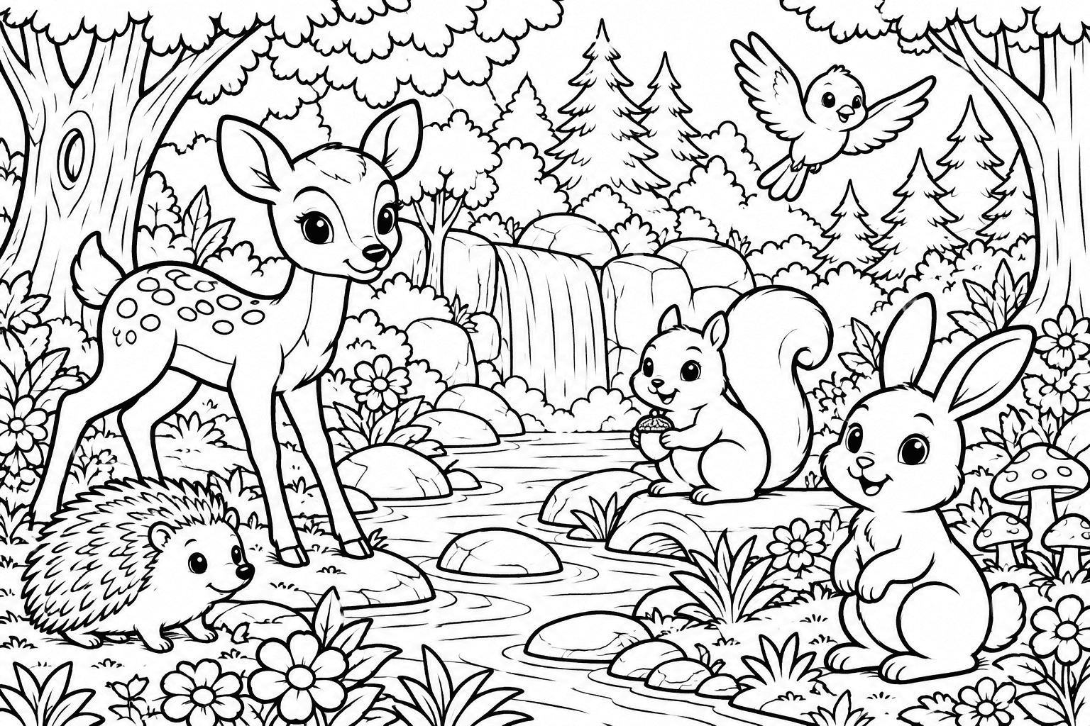 Black-and-white forest animals beside a waterfall from the WonderStudio gallery