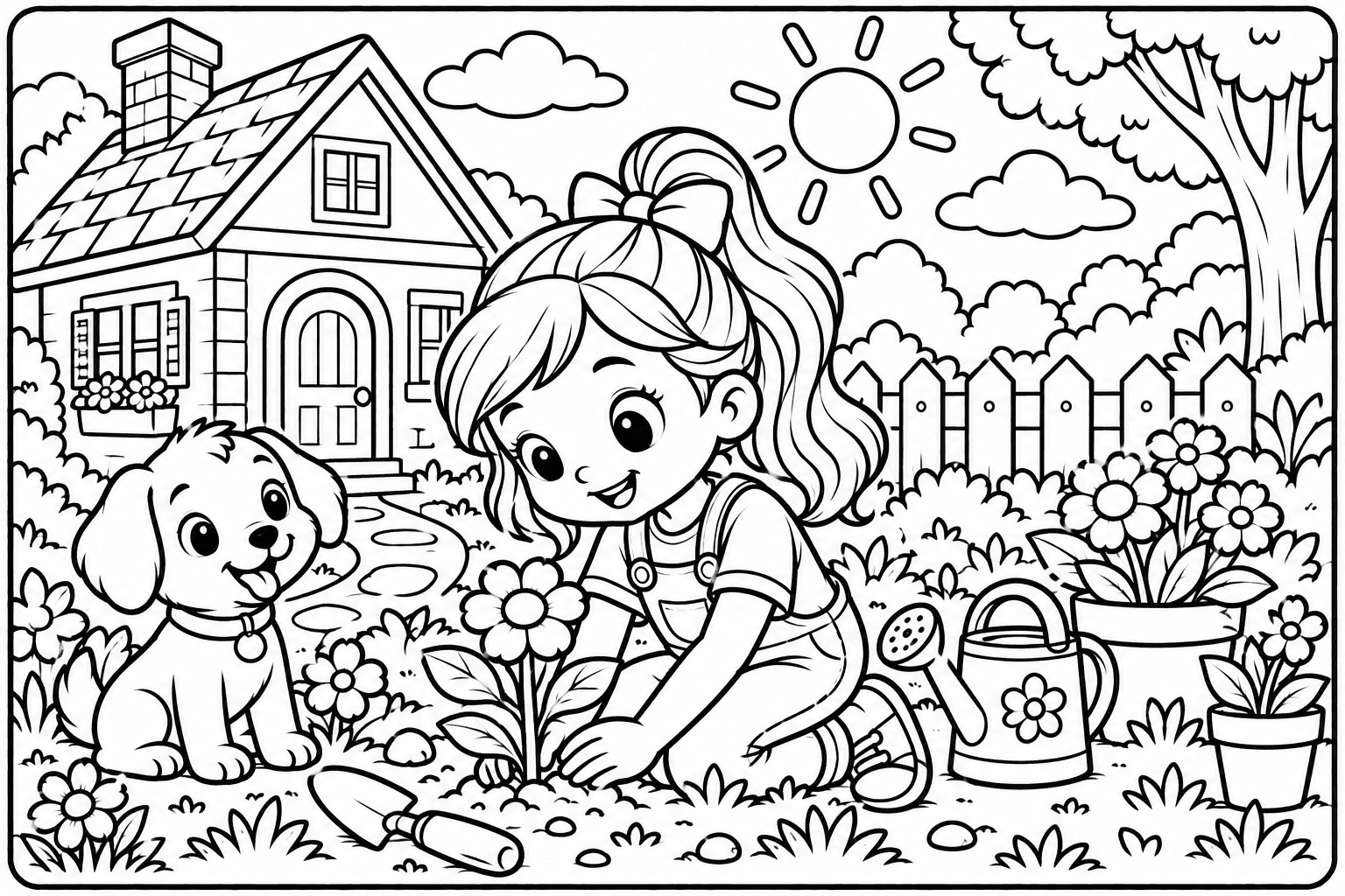 Black-and-white gardening scene with a puppy from the WonderStudio gallery